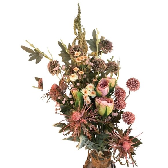 Artificial Wildflower Bouquet Roses, Thistles & Wild Blooms in Pink & Peach, Fau - Picture 13 of 15